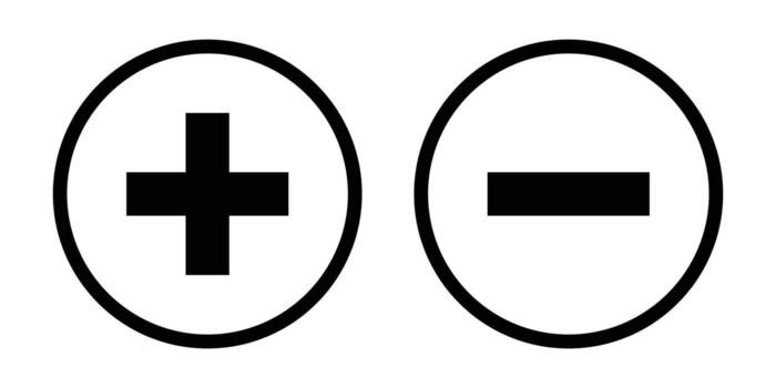 Plus and minus icon set. Circle sign and symbol destination black icon on white background. Element for design isolated website interface development. Simple illustration. vector