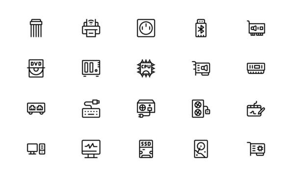 Modern Computer LineModern Workstation Icon Pack showing minimal graphics representing desktop setups monitors and accessories vector