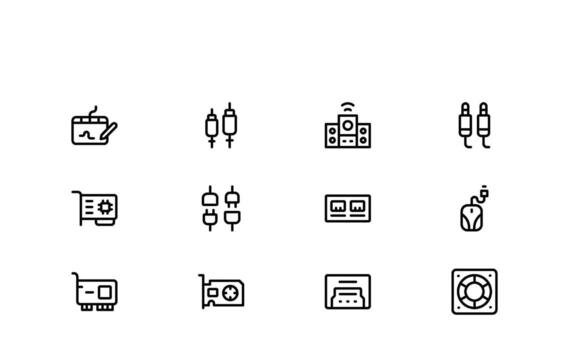 Modern Computer Line Hardware Component Icon Collection offering clean and minimal illustrations for processors memory and storage devices vector