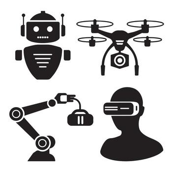 robot, drone and virtual reality icons set vector
