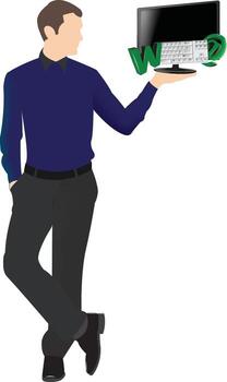 Businessman presenting website interface with computer, keyboard, and www symbol vector