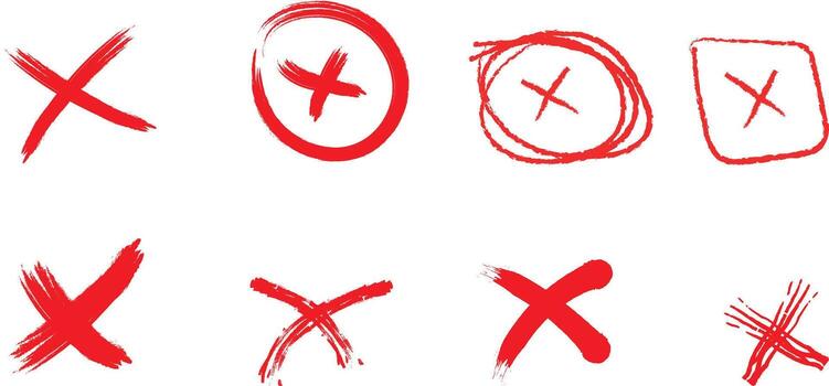 Collection of Hand-Drawn Red Cross Marks Bold, Expressive X Symbols for Rejection, Cancellation, or Error Indication on White Background vector