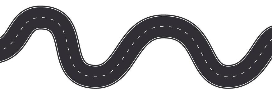 Winding road top view, curve path highway. Empty horizontal way, map. Asphalt wavy road template, game, design element. vector