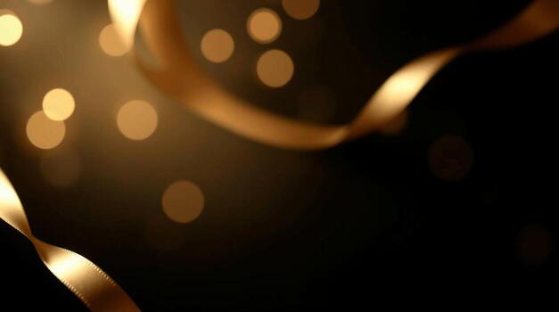 Golden ribbon swirls against a dark background with soft glowing bokeh lights creating a festive atmosphere photo