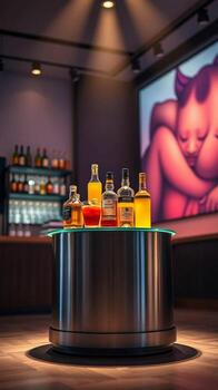 A dimly lit bar showcasing an artistic display of various liquor bottles on a circular pedestal with a large projected image in the background photo