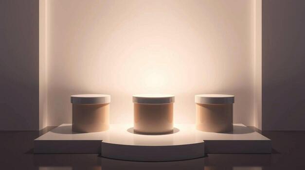 Three illuminated cylindrical objects displayed on a curved shelf within a softly lit niche photo
