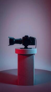 A camera on top of a pedestal with a red light photo