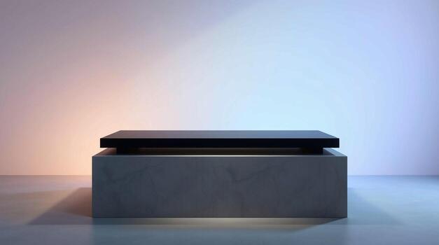 Minimalist concrete pedestal with a dark top under soft gradient lighting creating a modern display space photo