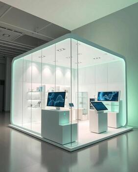 A white display case with a computer on display photo