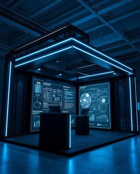 A large display with a computer screen and a computer photo