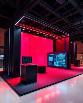 A red and black display with a screen and a computer photo