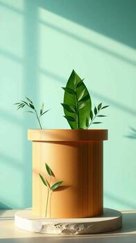 A plant in a wooden pot on a table photo