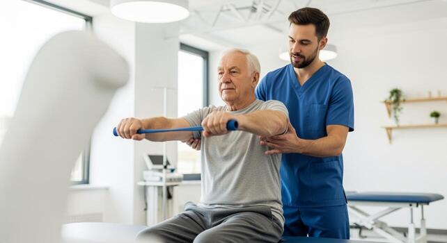 Physiotherapy session for senior man using resistance band. photo