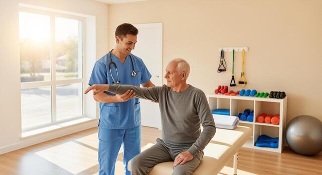 Physical Therapist Assisting Senior Man with Arm Exercises in Bright Clinic Setting. photo