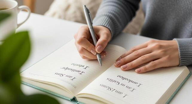 Closeup of hands writing in a notebook with a pen on a white desk showing productivity and focus. photo