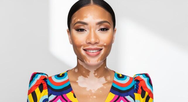 Confident Woman with Vitiligo Smiling in Colorful Patterned Top. photo