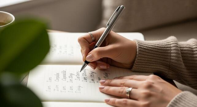 Woman Writing Affirmations in a Notebook Focused on SelfImprovement. photo