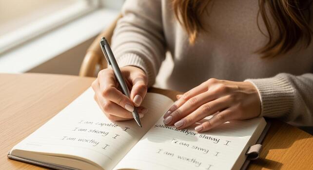 Womans Hands Writing Affirmations I am capable I am strong I am worthy in a Notebook. photo
