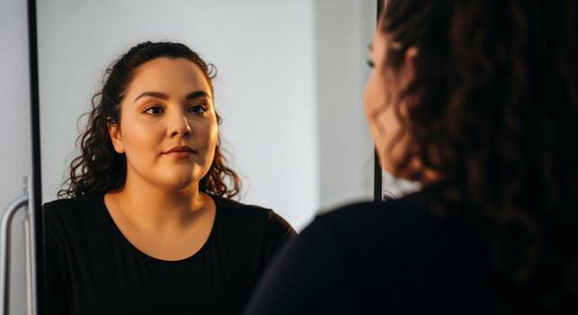 Woman Looking at Herself in a Mirror SelfReflection Confidence. photo