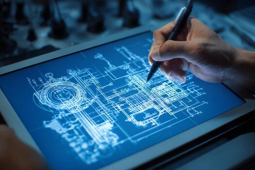 An engineer uses a stylus to create detailed blueprints on a digital tablet in a contemporary workspace filled with technical equipment and soft lighting photo