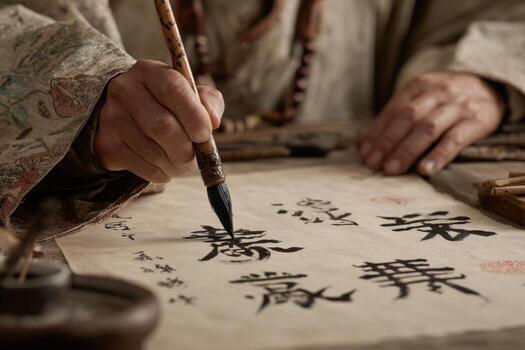 An individual expertly holds a calligraphy brush, creating beautiful characters on rice paper. This artistic activity takes place in a serene, traditional environment with historical elements photo