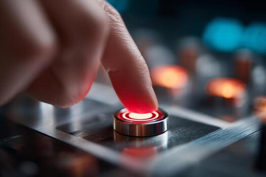 A finger gently presses a bright red button on a sleek control panel in a music studio. The atmosphere is creative, illuminated by the soft glow of lights and buttons photo