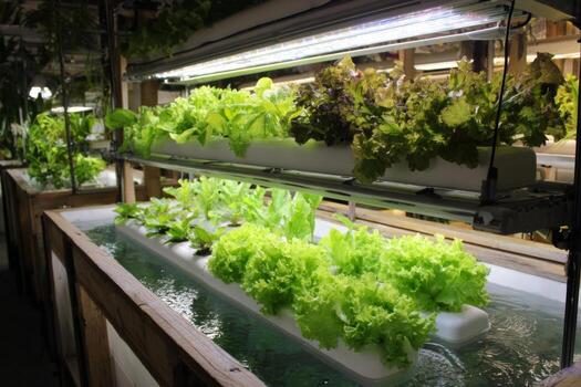 Rows of hydroponically grown lettuce thrive under bright lights in a carefully controlled indoor garden. The leafy varieties display rich colors, promoting sustainable urban farming practices photo