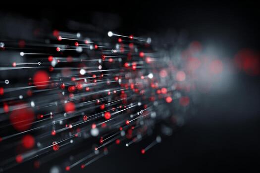 Red and white particles are dispersed across a dark background, creating a dynamic sense of movement and depth, evoking a futuristic atmosphere and technology theme photo