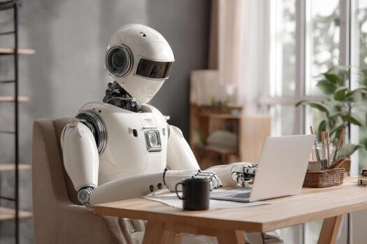 un humanoide robot se sienta a un de madera escritorio en un contemporáneo hogar oficina, enfocado en un ordenador portátil con natural ligero transmisión mediante el ventanas, mezcla tecnología y diseño sin problemas foto