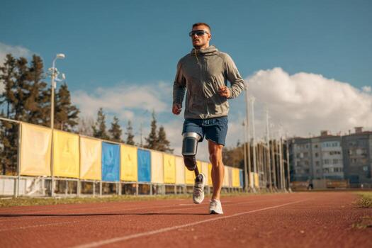 A man runs on a red training track, showcasing determination and athleticism. He wears a prosthetic leg, demonstrating resilience in an urban setting under a clear sky photo