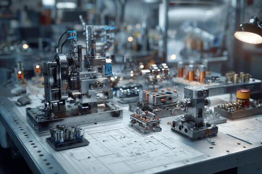 Various mechanical parts and tools are arranged meticulously on a workbench in a workshop. Precision equipment is ready for assembly and engineering tasks, illuminated by overhead lights photo