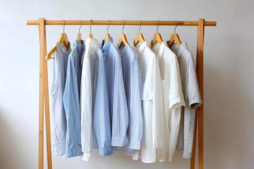 Casual shirts in various colors and patterns hang neatly on a wooden rack against a simple background. The arrangement showcases a blend of styles perfect for any occasion photo