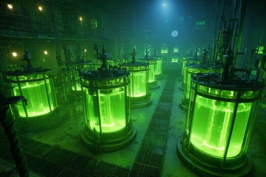 A high-tech laboratory showcases bioreactors filled with glowing green liquid, creating an otherworldly ambiance photo