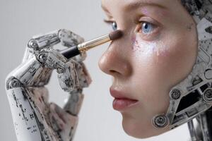 un humanoide robot es utilizando un maquillaje cepillo a aplicar sombra con precisión. el ajuste vitrinas un mezcla de tecnología y belleza arte en un limpio, bien iluminado estudio foto