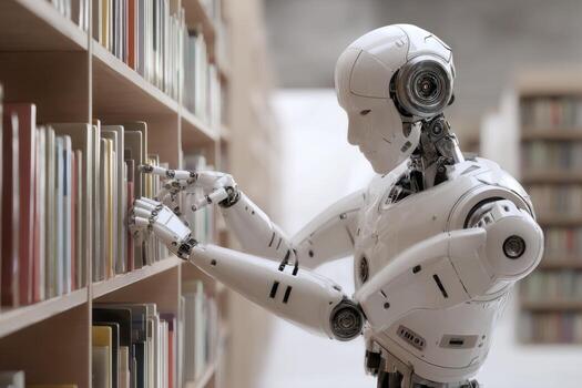 A humanoid robot carefully arranges books on high shelves in a well-lit library. Its advanced design showcases technology in a serene environment filled with knowledge photo