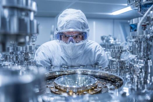 A researcher dressed in a protective suit and goggles examines precise instruments in a cleanroom laboratory. The environment is sterile and equipped with advanced technology for experiments photo