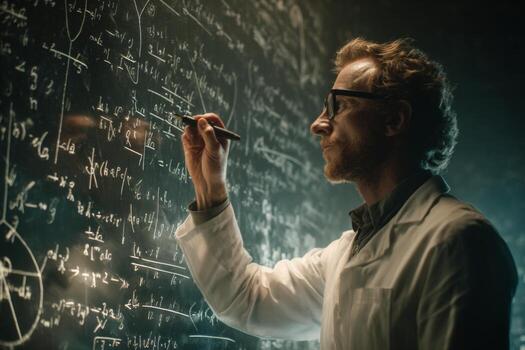 A scientist wearing a lab coat focuses intently while writing intricate mathematical equations on a dark chalkboard. The atmosphere is illuminated, highlighting the detailed work being done photo