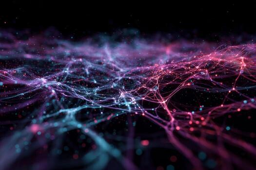 Bright strands of light in shades of blue and pink create an intricate web, symbolizing digital connections and networks. This visual evokes a sense of complexity in a dark backdrop photo