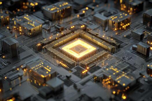 un detallado de cerca revela un pastilla presentando brillante circuitos y complejo estructuras el ajuste enfatiza innovador tecnología y innovación en informática a noche foto