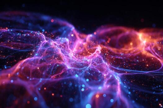 Swirling patterns of vivid colors illuminate the darkness, creating a captivating display reminiscent of cosmic waves. Light and sparkles interplay across the surface photo