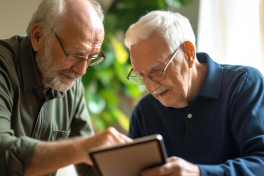 Two elderly men focus on a tablet, sharing a learning moment in a cozy room filled with plants. Their expressions show curiosity and connection as they navigate the technology photo