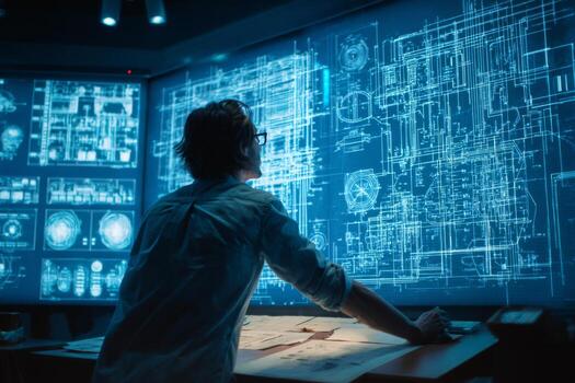 An engineer carefully studies intricate blueprints and data layouts displayed on high-tech screens in a vibrant workspace illuminated by blue lights photo