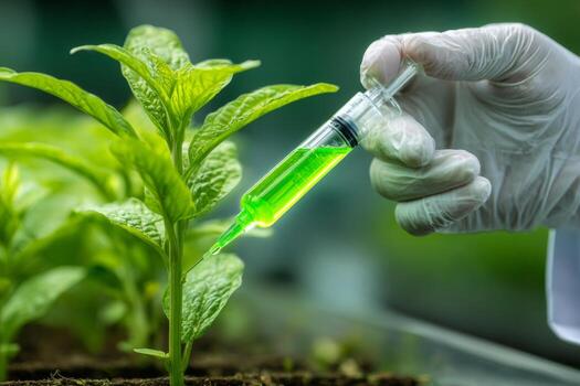 un investigador en un laboratorio cuidadosamente inyecta un brillante verde solución dentro un sano planta utilizando un jeringuilla foto