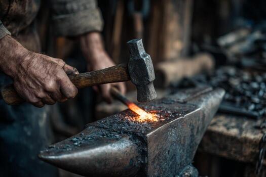 A skilled blacksmith forges glowing metal on an anvil with a hammer in a rustic workshop. The atmosphere is filled with the warmth of fire and the sounds of craftsmanship photo