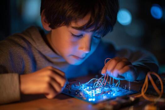 A young boy focuses intently on assembling an electronic circuit board, illuminated by glowing blue lights. The atmosphere is filled with exploration and learning photo