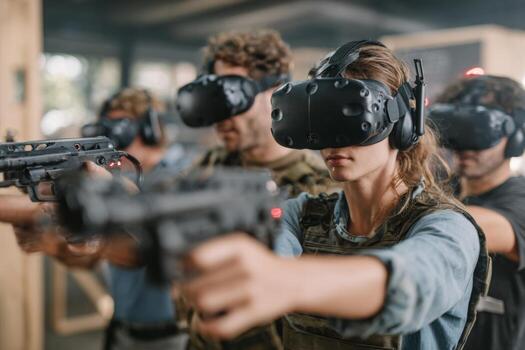 Individuals take part in a virtual reality training program, equipped with headsets and firearms, at an indoor facility designed for immersive experiences, focusing on tactical skills photo