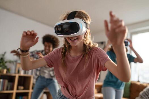 A group of children engages with virtual reality in a well-lit living room. They wear VR headsets, exploring digital adventures while laughing and moving around joyfully photo