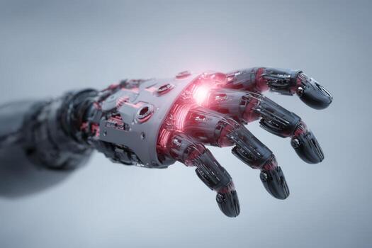 A detailed robotic hand featuring intricate mechanisms and glowing components demonstrates cutting-edge technology. The design highlights innovation and the integration of robotics into everyday life photo