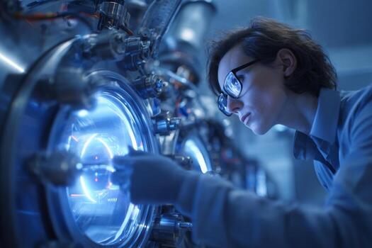 A researcher in a lab coat examines high-tech equipment with glowing components. She is focused on a complex machine featuring bright displays and intricate details in a futuristic photo