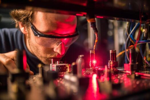 un técnico es enfocado en un circuito tablero en un laboratorio, utilizando la seguridad lentes mientras rojo luces iluminar el espacio de trabajo el atmósfera es intenso y técnico foto